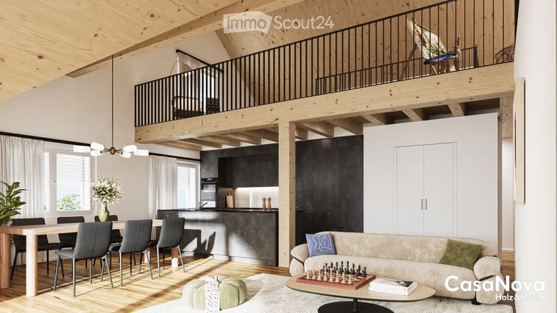 A room with a wooden floor, a high ceiling, a dining area with a table and chairs, a couch, a chess table, a wooden balcony, and a chandelier.