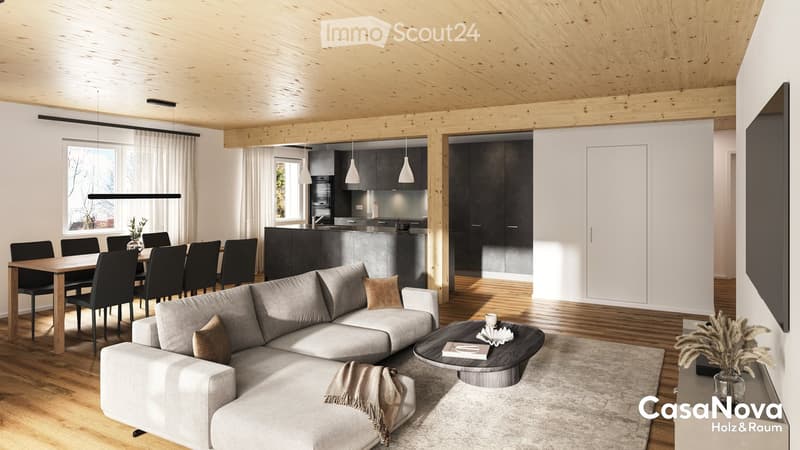 living room, L-shaped sofa, dining table with chairs, gray walls, wooden floor, white ceiling, kitchen, TV, modern decor