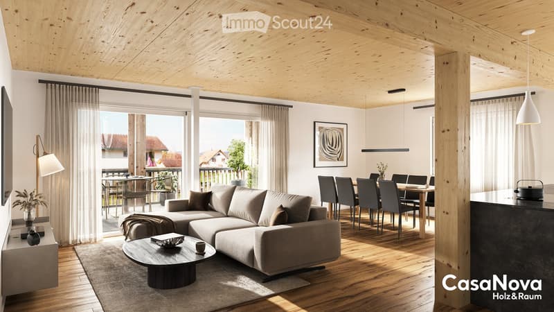 living room, sliding glass doors, balcony, dining table, large windows, sofa, wooden floor