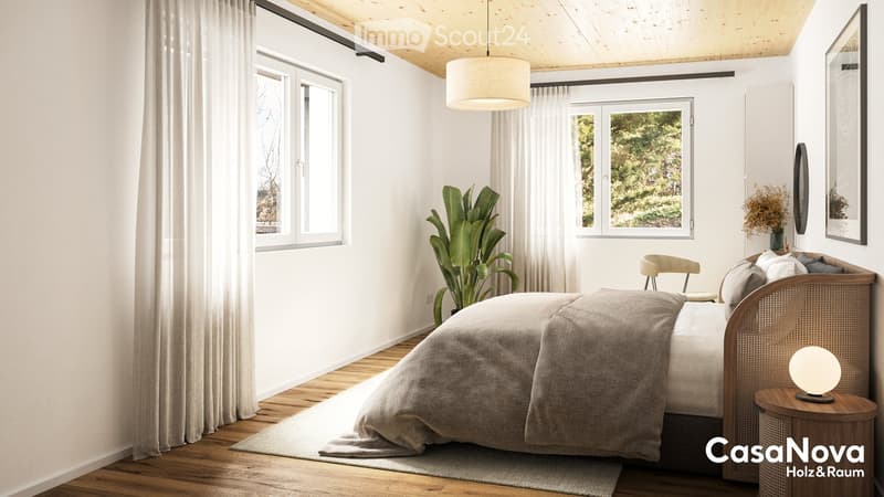 modern bedroom with wooden floor, ceiling lamp, bed, bedside tables, armchair, windows with white curtains, small indoor plant, and large picture frame