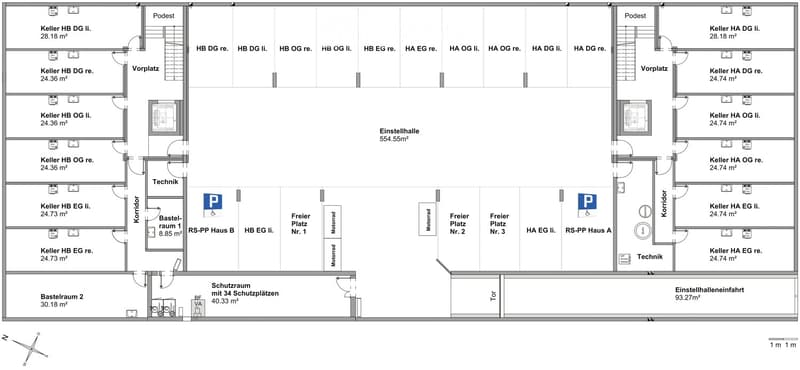 A floor plan with two separate sections each containing basement, ground floor, upper ground floor, and attic with spaces marked for entry, hallways, offices, bathrooms, and free places.