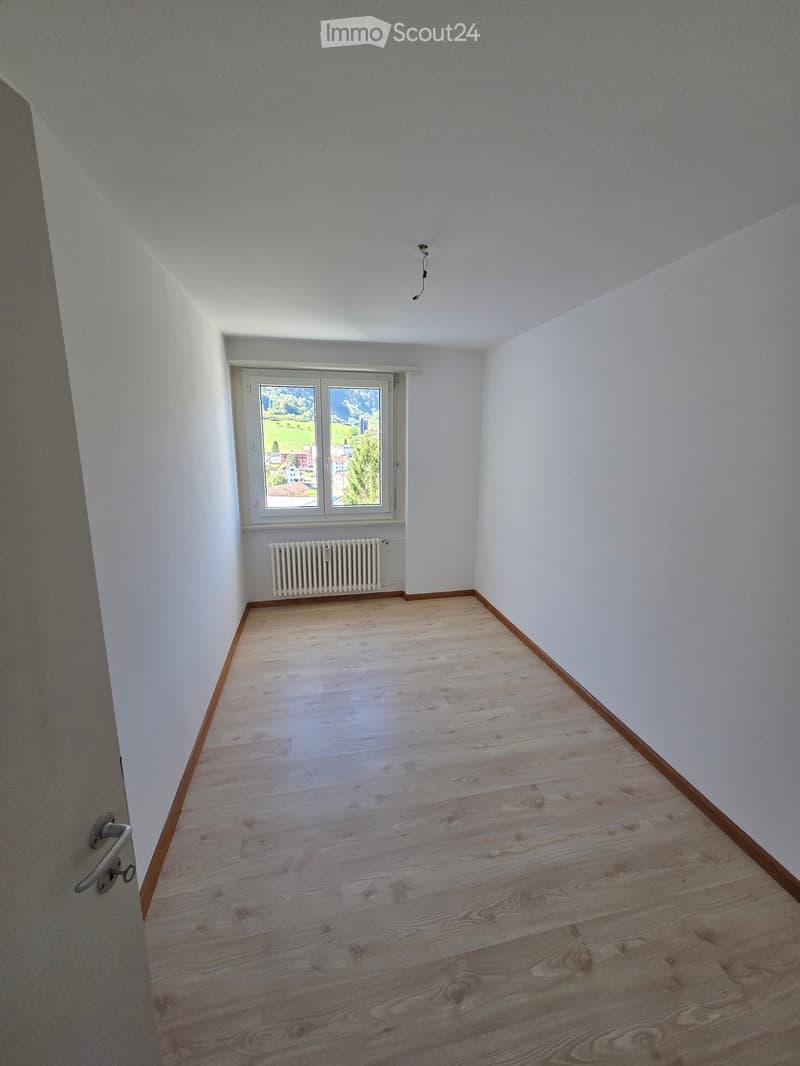 Empty room with wooden flooring, white walls, and a window showing a scenic outdoor view. The room includes a radiator and a door handle visible on the left side.