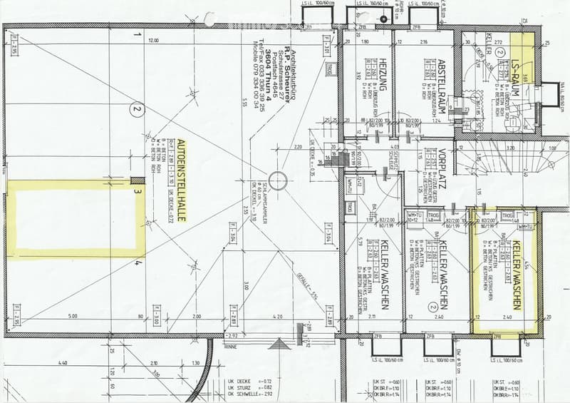 Floor plan showing basement level with labeled areas including LS-Raum, Keller, Vorplatz, Heizung, and Autoeinstellhalle.