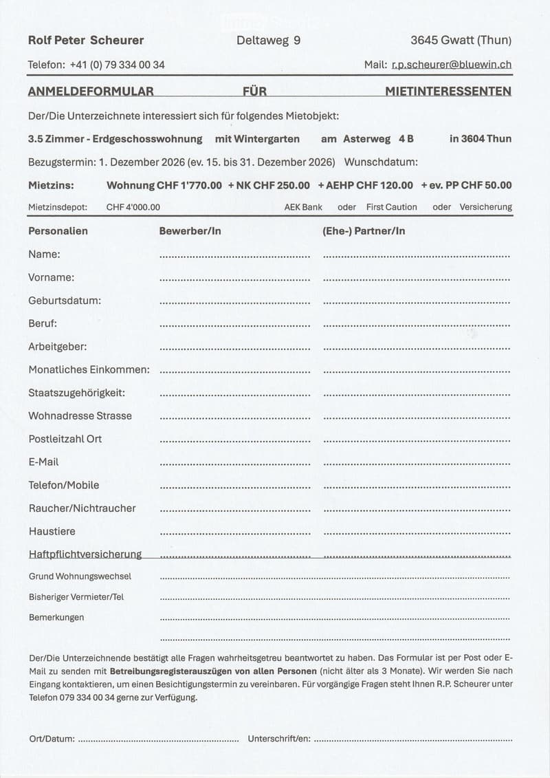Rental application form for a 3.5-room top-floor apartment with winter garden at Asterweg 4B in 3604 Thun, rental price CHF 1'770.00 plus additional charges, move-in date December 1, 2026.