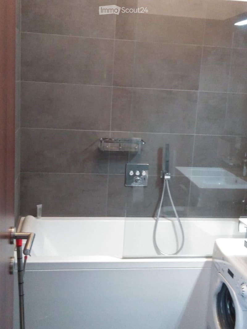 Modern bathroom with a bathtub, glass shower enclosure, and a washing machine visible in the corner.
