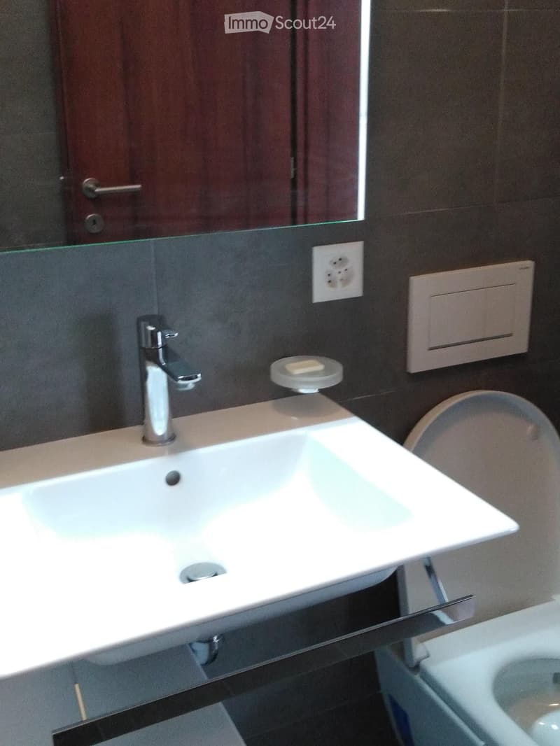 Modern bathroom with a white sink, chrome faucet, mirror, and toilet. Dark grey tiles and a sleek design.