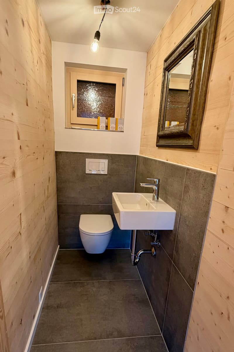 small, with toilet, sink, and wooden walls