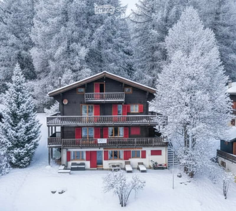 Detached house in a snowy landscape with balconies and red shutters