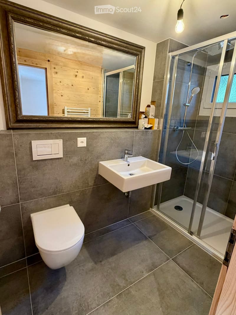 Bathroom with mirror, light fixture, glass shower enclosure, white sink, showerhead, wooden floor, radiator, switches, toilet, and shower tray