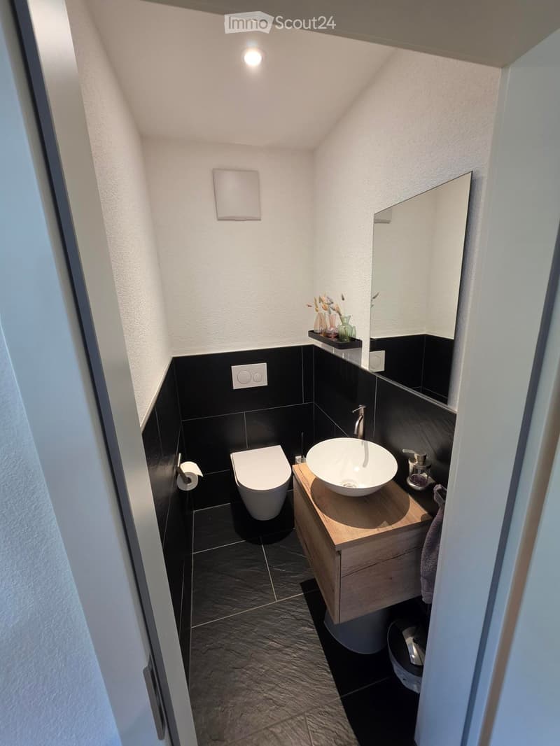 Modern, compact bathroom with black tiles, white toilet, wooden sink cabinet, and a large mirror. Includes a vase with flowers on the sink counter.