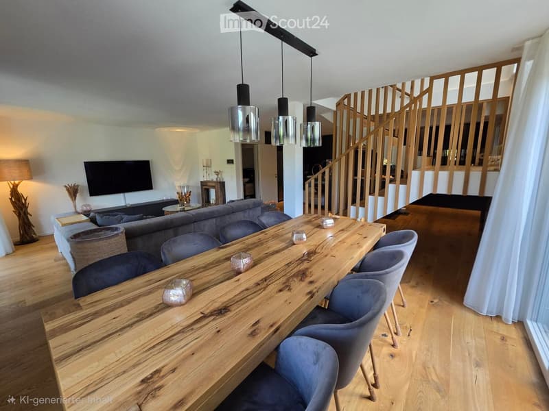 Modern living and dining area with a long wooden dining table, grey chairs, a grey sofa, a television, and a wooden staircase leading to an upper level.