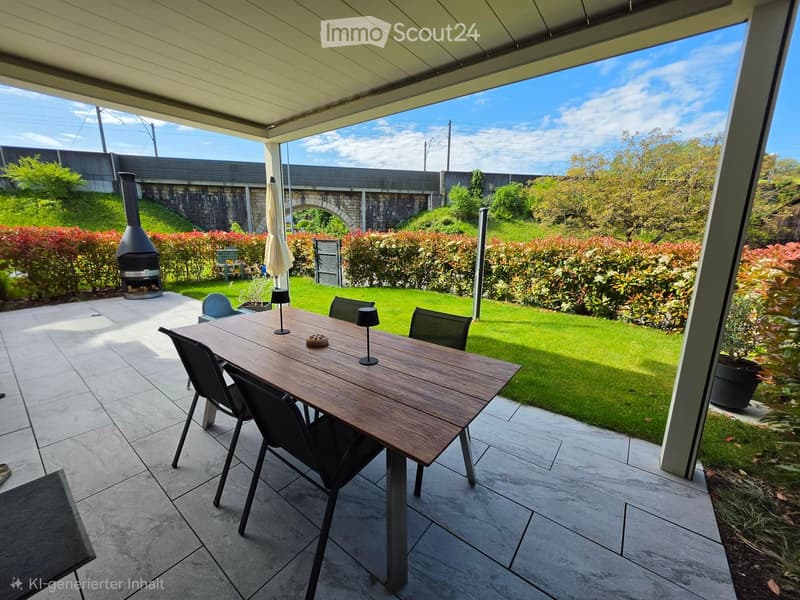 Patio with a wooden dining table, chairs, and an umbrella, overlooking a well-maintained garden with a fireplace and greenery.