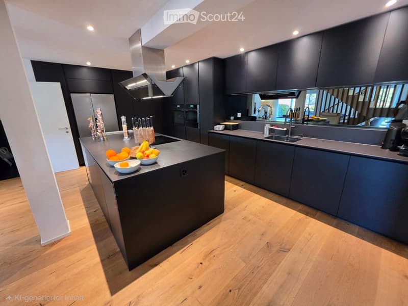 Modern kitchen with dark grey cabinets, a central island, and a sleek stainless steel sink and faucet. The island features a fruit bowl with oranges, bananas, and apples, along with a knife block and coffee maker.