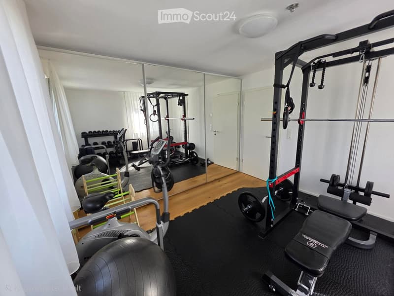 Well-equipped home gym with various exercise machines, weights, and a large mirror on one wall.
