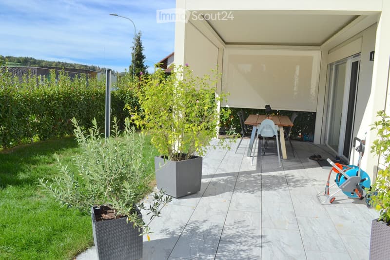 A modern outdoor patio area with a covered seating space, a wooden dining table with chairs, potted plants, and a well-maintained lawn.