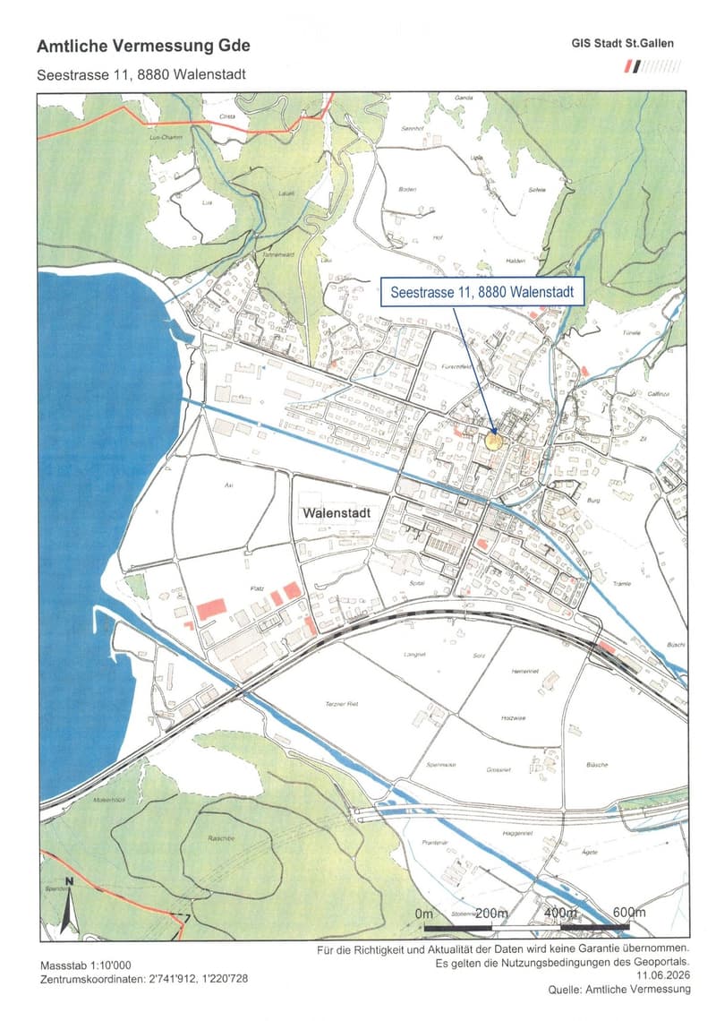 Official map showing the location of Seestrasse 11, 8880 Walenstadt, within the city of Walenstadt. The map includes surrounding areas, roads, water bodies, and geographical features.
