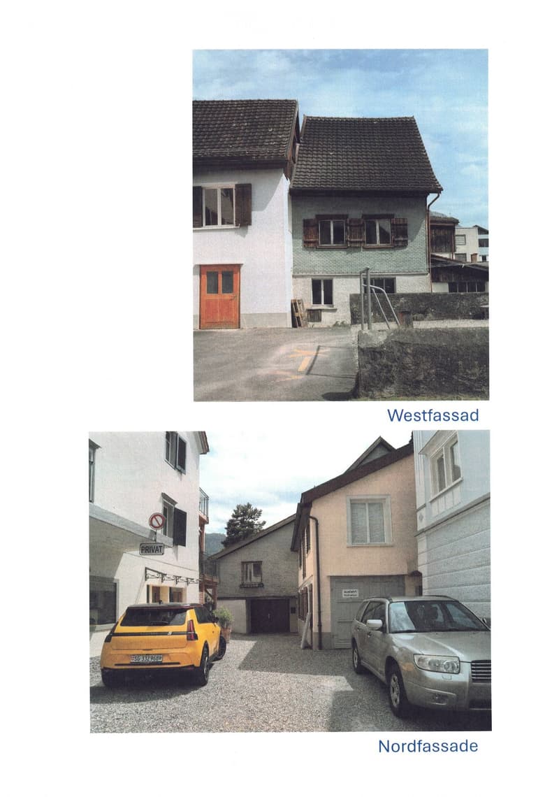 Two exterior views of a two-story residential building with multiple windows, doors, and a tiled roof. The building has a mix of light-colored walls and darker roofing, with visible parking spaces and a small garden area.