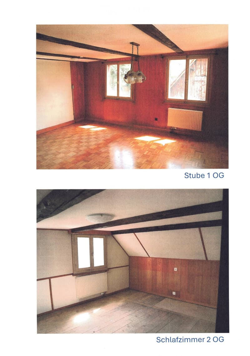 Two unfurnished rooms shown: one with wooden walls and flooring, and the other with a slanted ceiling and tiled floor. Both rooms have large windows and radiators.