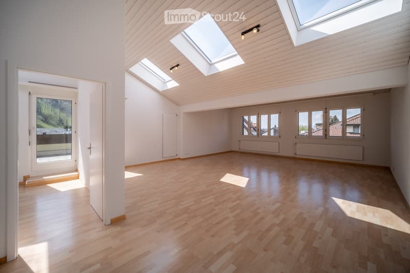 Bright, empty room with wooden flooring, white walls, and skylights. Features a large window and a door leading outside.