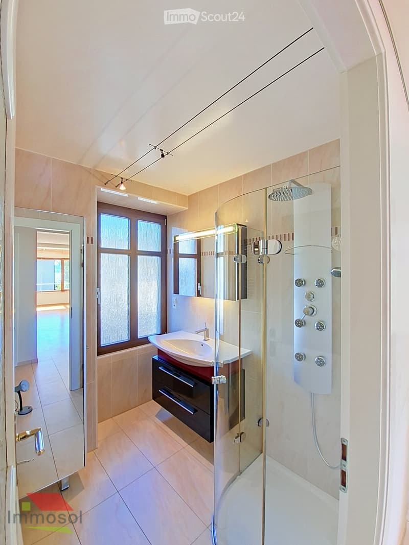 Modern bathroom with a glass-enclosed shower, a white sink with a dark wooden cabinet, and a large mirror. The space features beige tiles and recessed lighting.