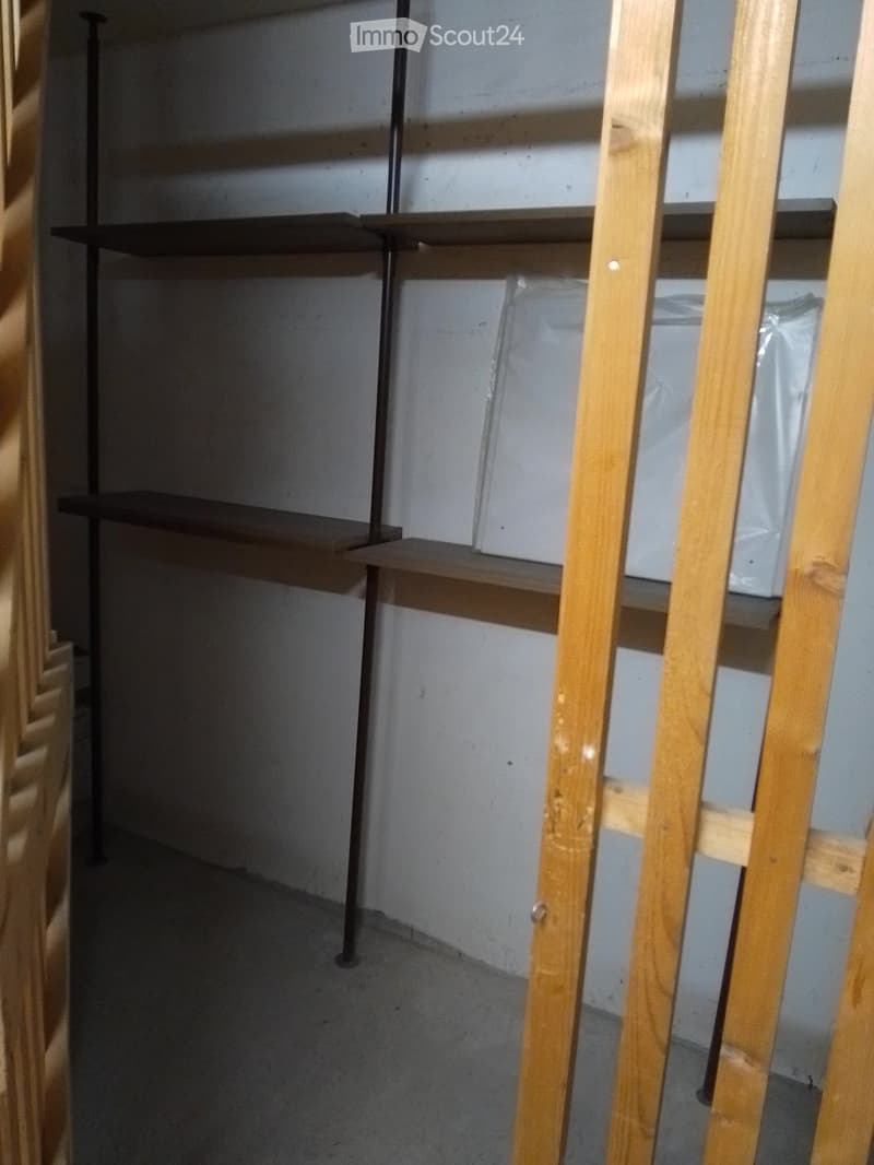 Empty closet with wooden shelves and metal support rods, no items stored.