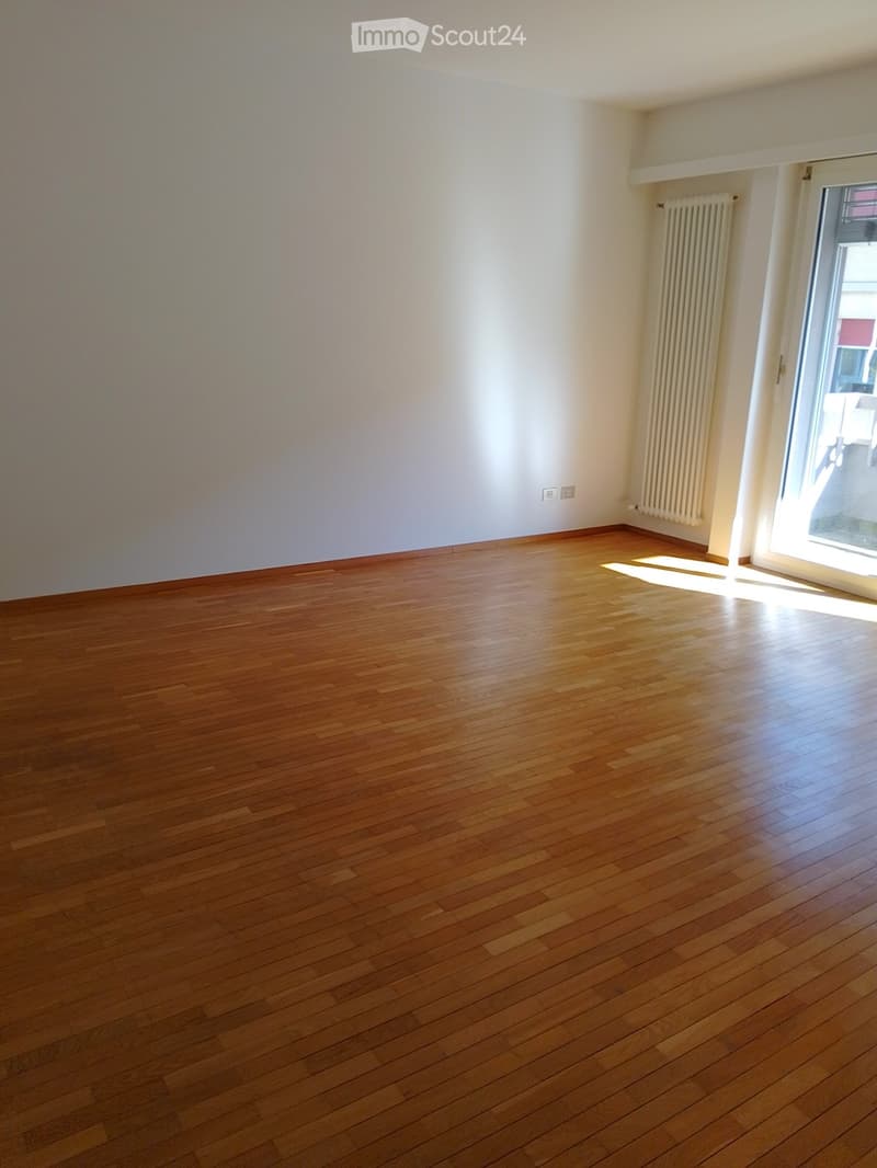 Empty room with wooden flooring, white walls, and a radiator on one wall. A large window with blinds allows natural light to enter.