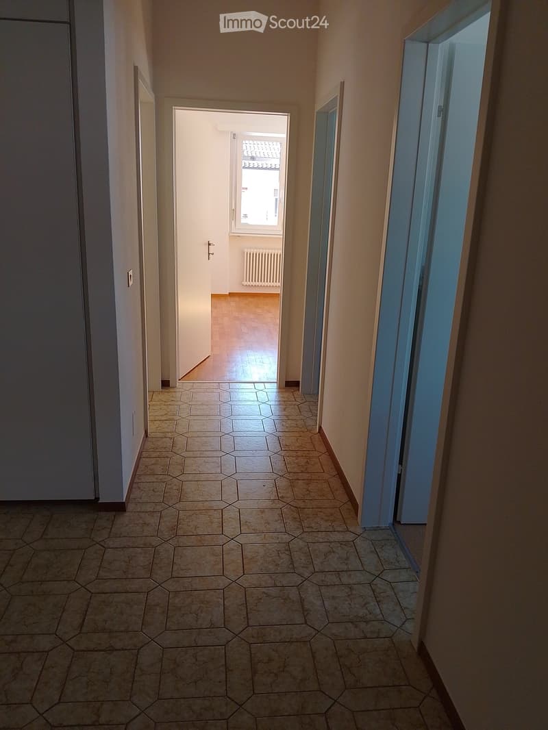 Empty hallway with hexagonal tiled floor, beige walls, and a door leading to a room with wooden flooring and a radiator.