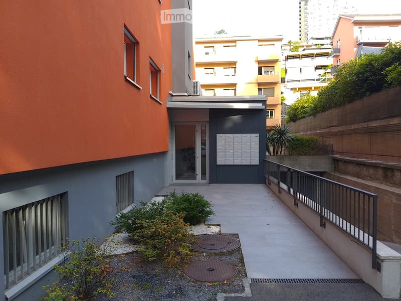 A narrow outdoor area with a paved walkway, small garden bed with shrubs, metal railing, and mailboxes attached to a building.