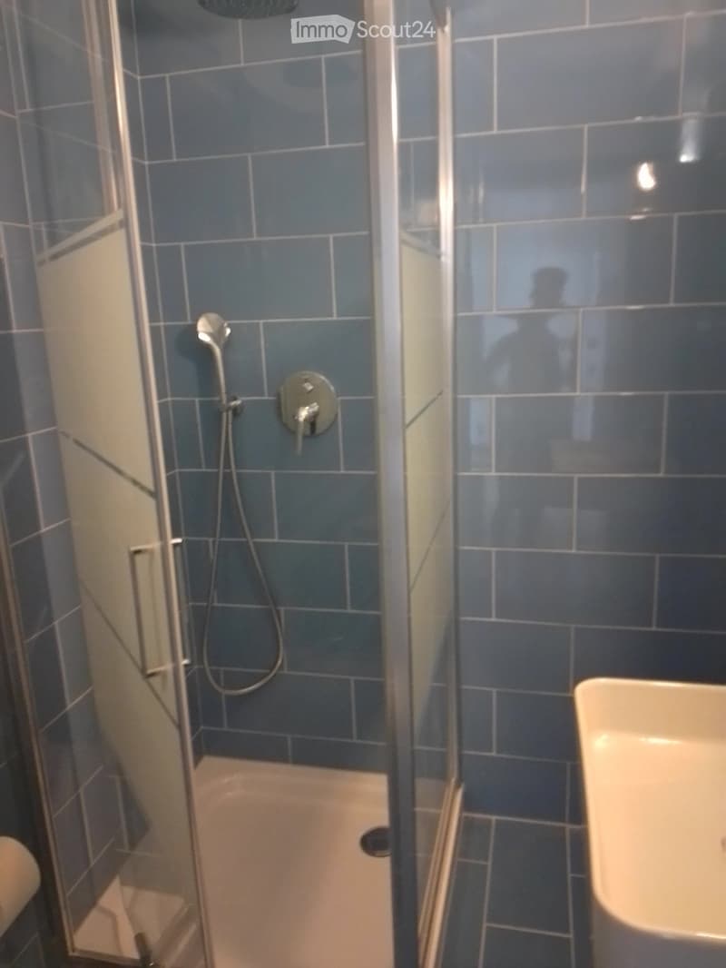 Modern bathroom with blue tiled shower stall, glass enclosure, handheld showerhead, and a white sink.