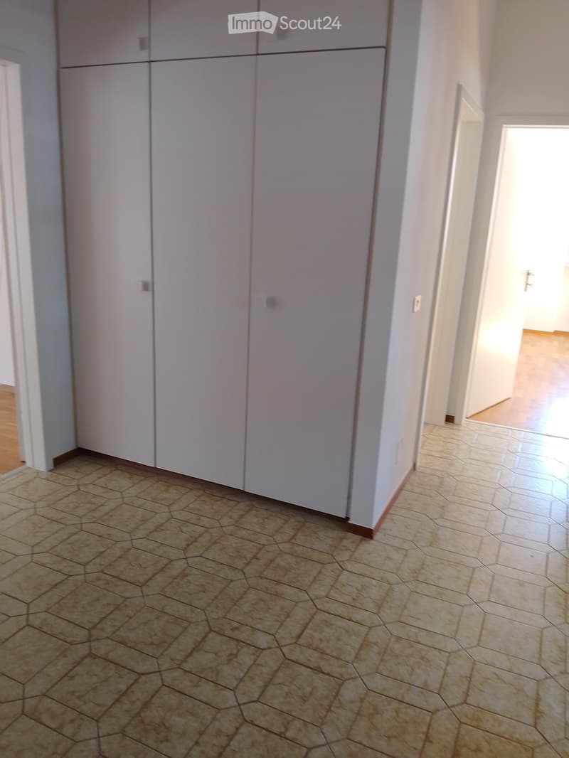 Empty hallway with hexagonal tiled floor and white walls, featuring built-in white cabinets on one side and an open doorway leading to another room.