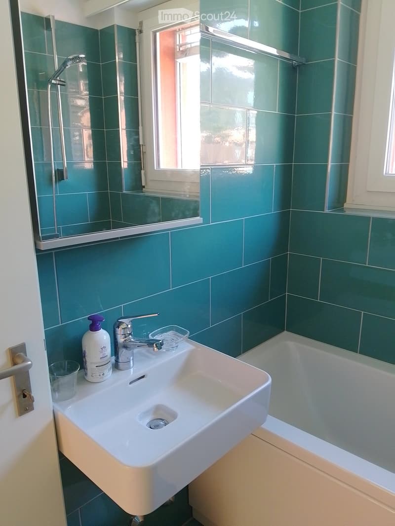 Modern bathroom with a white sink, chrome faucet, bottle, cup, mirror, and showerhead. Green tiled walls and a window provide natural light.