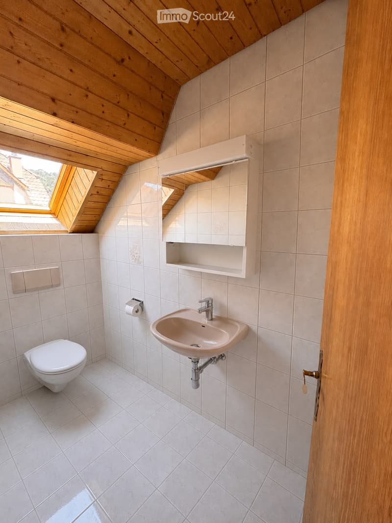 Modern bathroom with white tiles, a toilet, a sink, a mirror, and a wooden door.