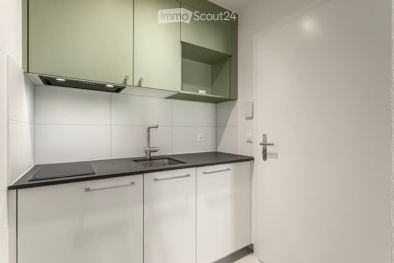 Modern, minimalist kitchen with white cabinets, black countertops, a sink with a modern faucet, and a built-in stove. The space features sleek, contemporary design elements and ample storage.