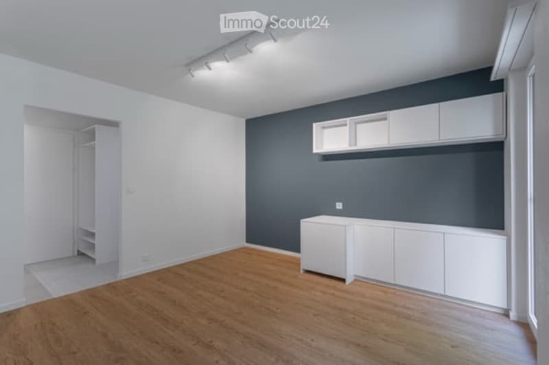 Empty room with white walls, dark blue accent wall, white built-in cabinets, and wooden flooring.