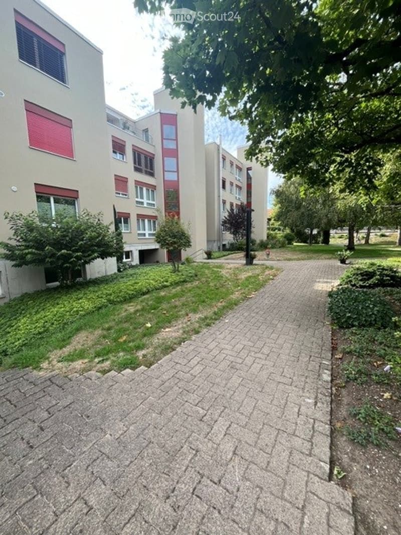 Brick pathway leading to a multi-story building with red window frames and greenery on either side.