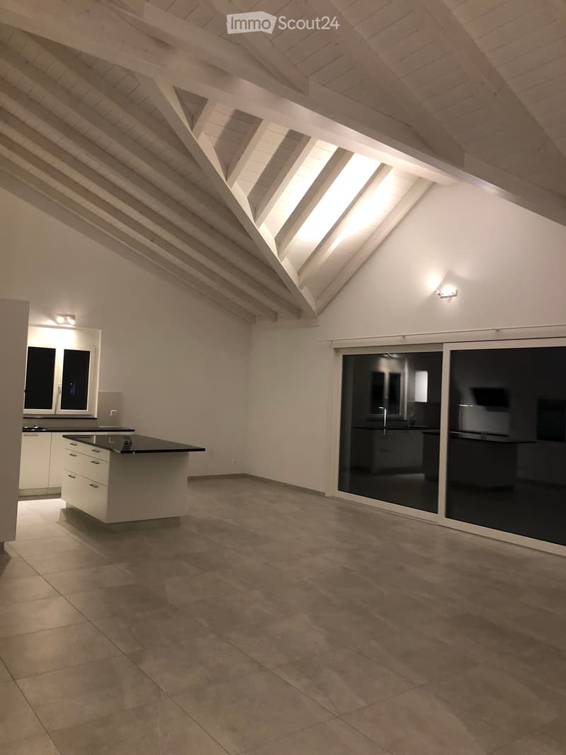 Modern kitchen with white cabinets, a central island, and large windows, featuring a high, slanted ceiling with skylights.