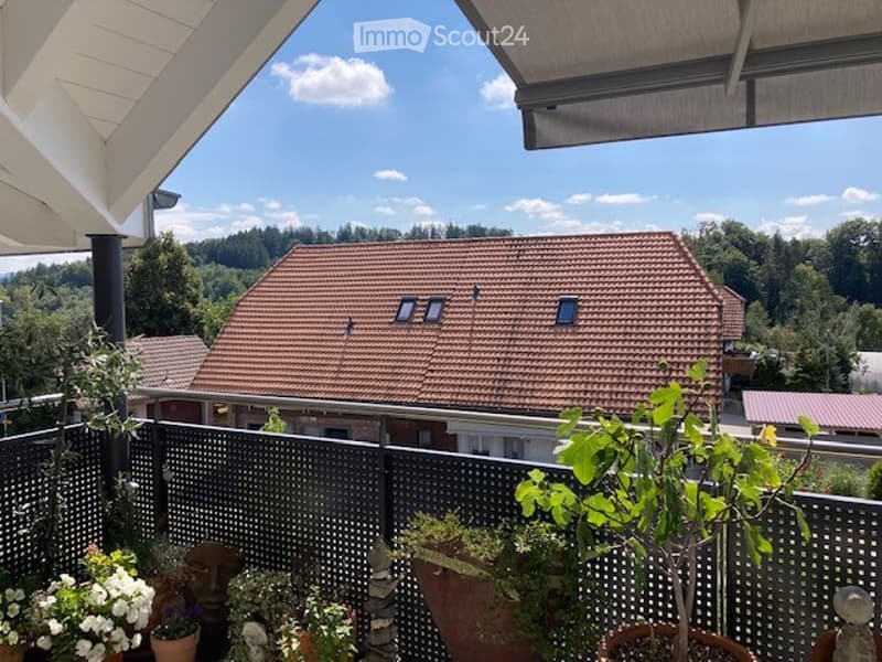 Balcony with a view of a house with a red-tiled roof, surrounded by potted plants and flowers. The sky is clear with a few clouds, and trees are visible in the background.
