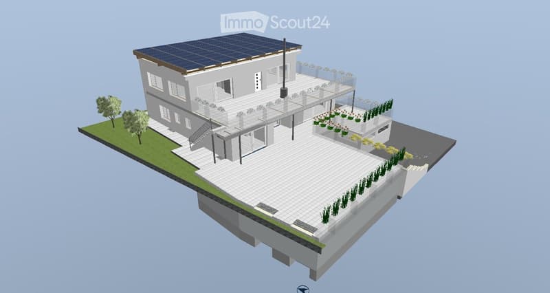 3D model of a modern house with a raised ground floor, solar panels on the roof, and a surrounding garden area with plants and a staircase leading to the entrance.