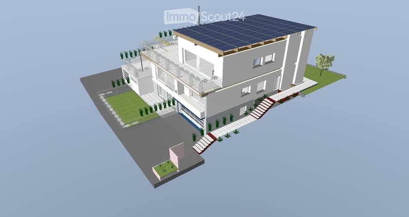 3D model of a modern two-story house with solar panels on the roof, surrounded by a landscaped garden and driveway.