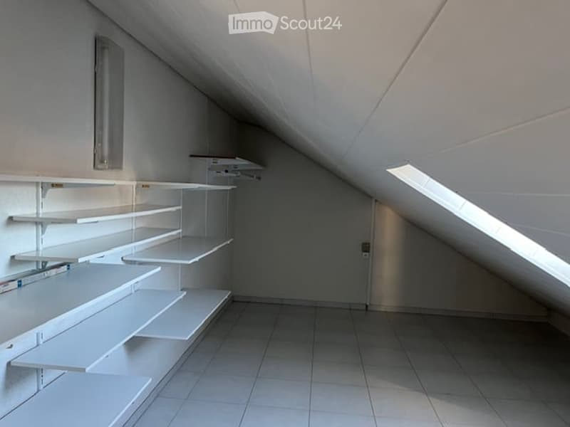 Empty attic room with white walls, tiled floor, built-in white shelving units, and a skylight allowing natural light.
