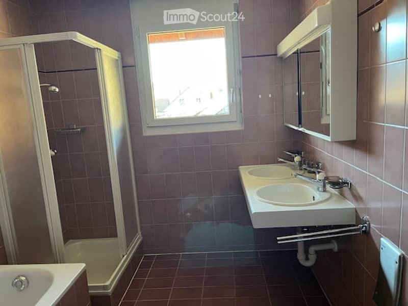 Bathroom with double sink, mirror cabinet, and a walk-in shower. The walls are tiled in a purple color, and the floor is tiled in brown.