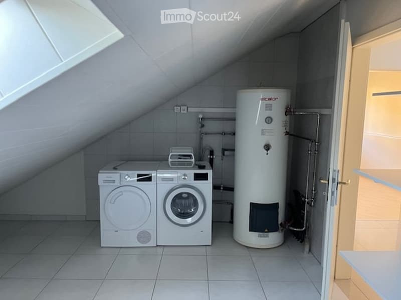 Attic space with tiled floor, white walls, and a skylight. Contains a washing machine, dryer, and water heater.
