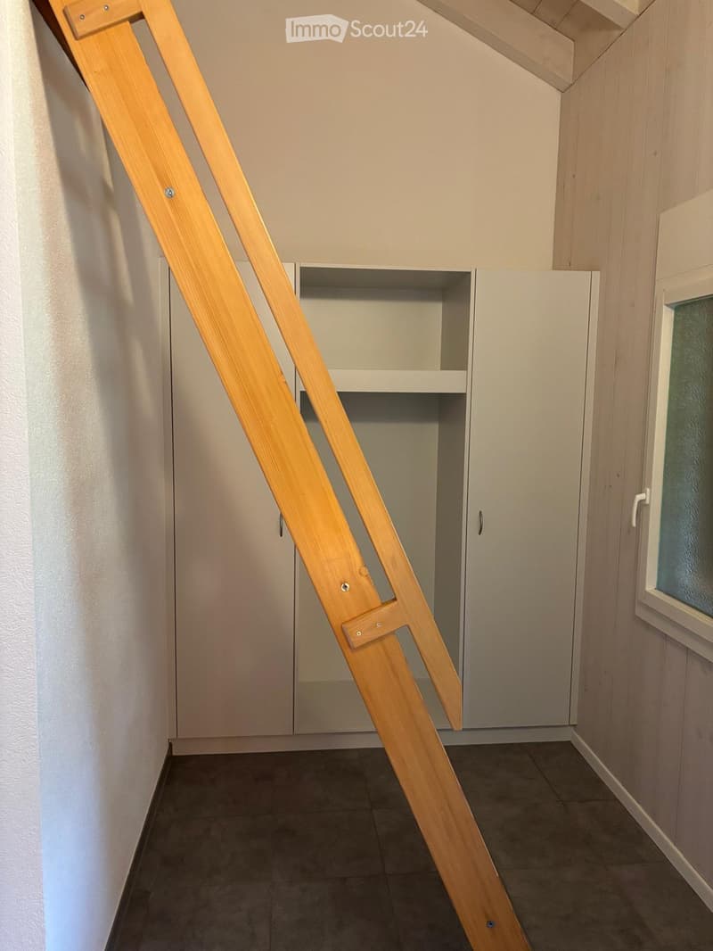 Empty hallway with light-colored walls, dark tiled floor, and a built-in closet with shelves. A wooden ladder leans against the wall.