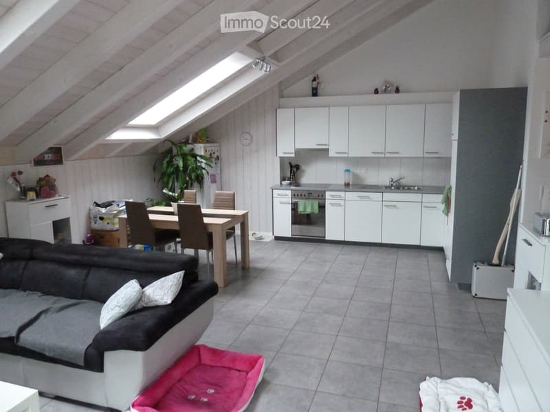 Open-plan living and dining area with a modern kitchen, featuring a grey sectional sofa, dining table with chairs, and white kitchen cabinets.