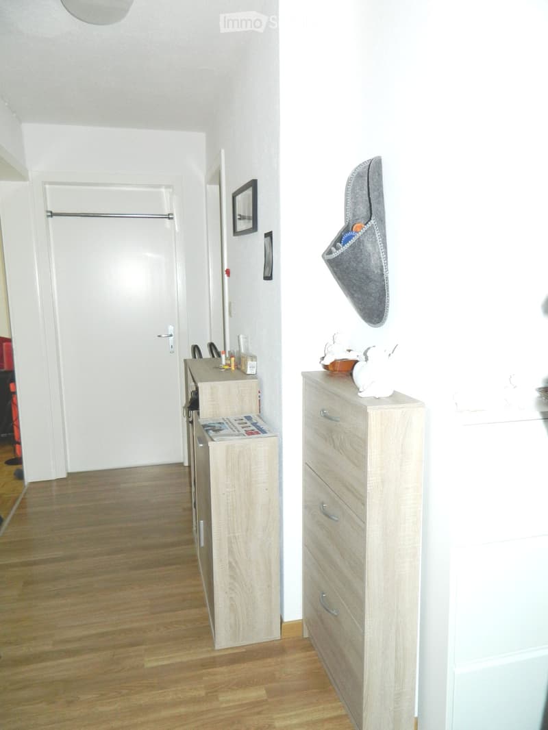A small hallway with light wooden flooring, a white door, a light-colored cabinet, a tall drawer unit, a hat rack, and a framed picture on the wall.