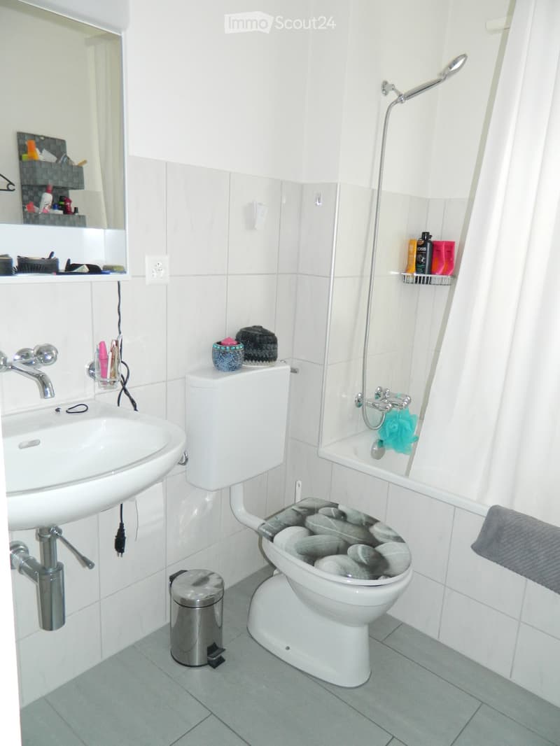 Modern bathroom with white tiles, a sink, toilet with a stone-patterned seat, shower, and various toiletries on shelves.