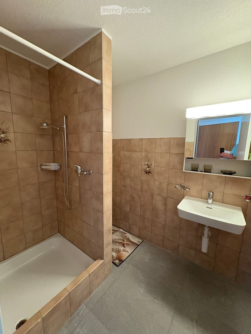 Bathroom with a bathtub, shower, sink, and mirror. Beige tiles and a decorative bath mat with seashells are visible.