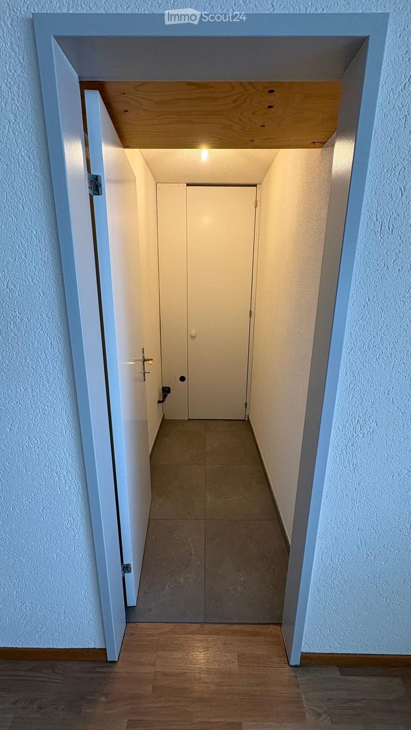 A narrow hallway with light-colored walls, a wooden ceiling, and a tiled floor. A closed door is visible at the end of the hallway, and a light fixture is mounted on the ceiling.