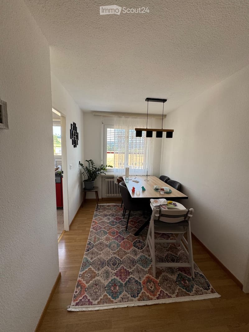 Dining room with wooden floor, patterned rug, dining table, chairs, baby chair, potted plant, and radiator visible.