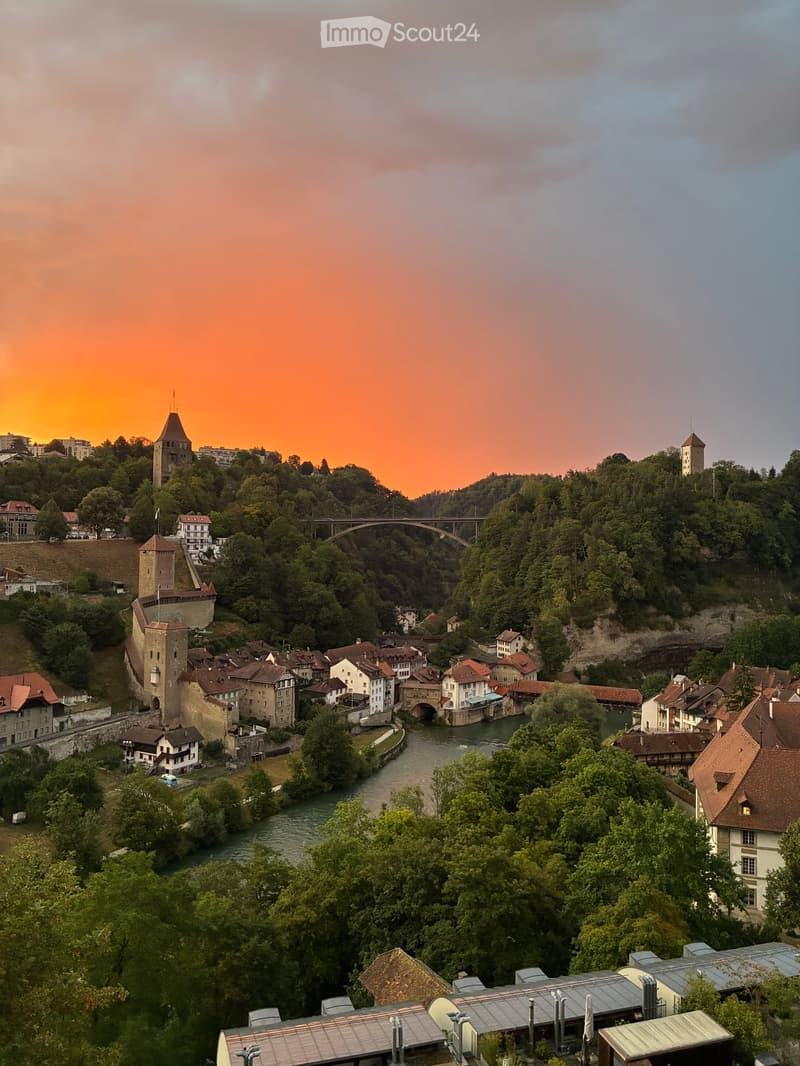 A panoramic view of a historic town with a river running through it, featuring a castle-like structure, a bridge, and traditional houses with red-tiled roofs.